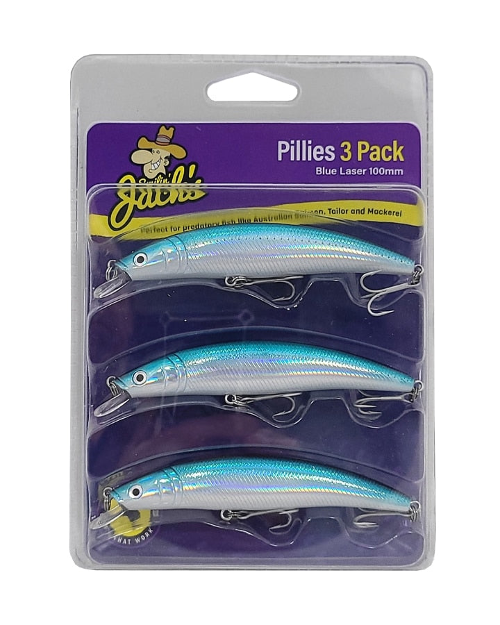 Smilin' Jacks Pillies 3 Pack, Blue Laser 100mm, showing all three lures in the sealed package