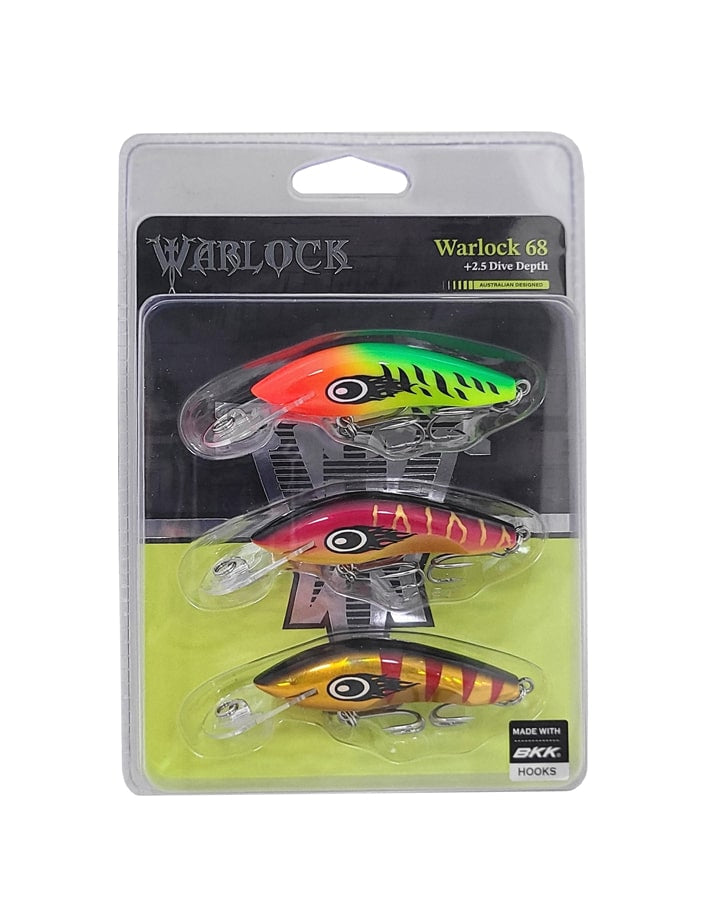 Warlock 68 three-lure pack with printed +2.5 dive depth, showing the included three colours in the sealed package