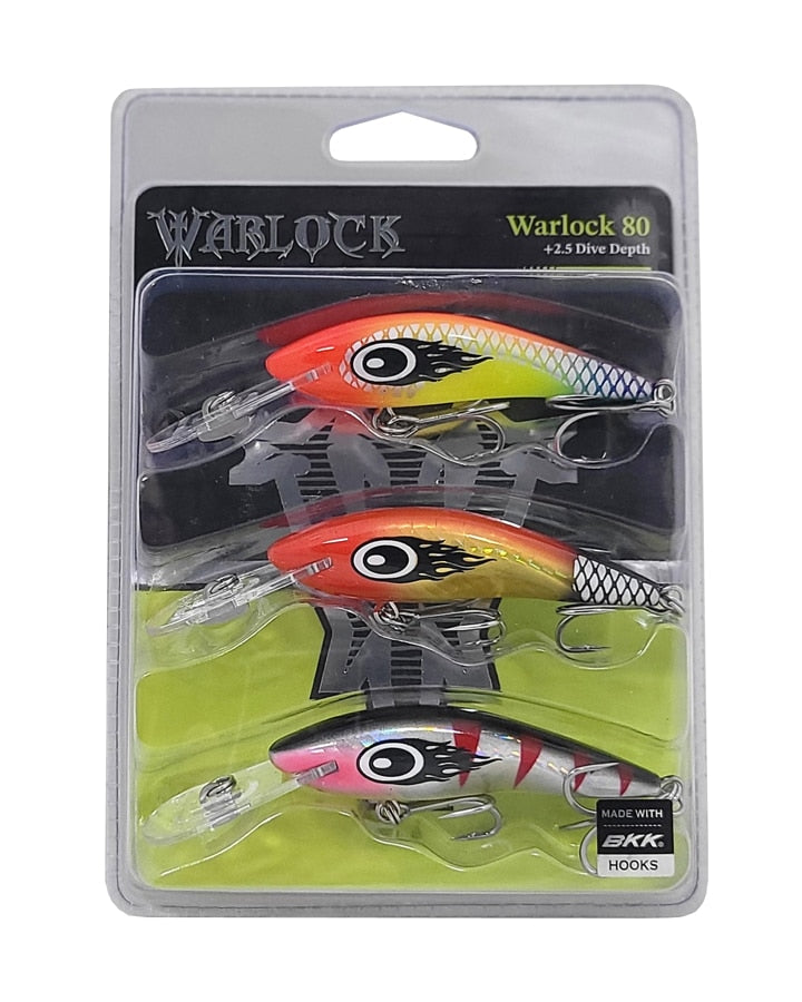 Warlock 80 three-lure pack with printed +2.5 dive depth, showing all three included colours in sealed packaging