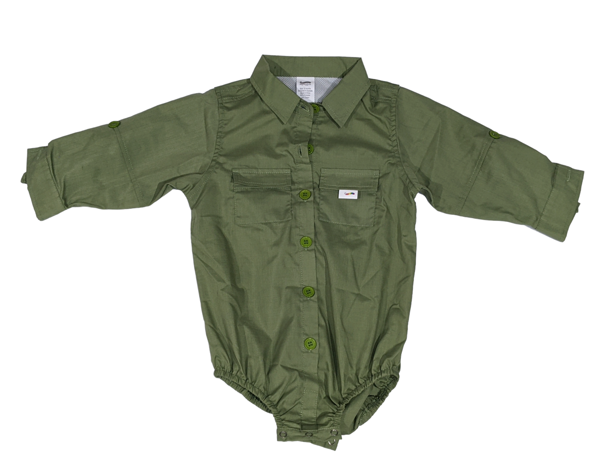 Rugrat & Co Olive Green Infant Fishing/Outdoor Romper — manufacturer photograph