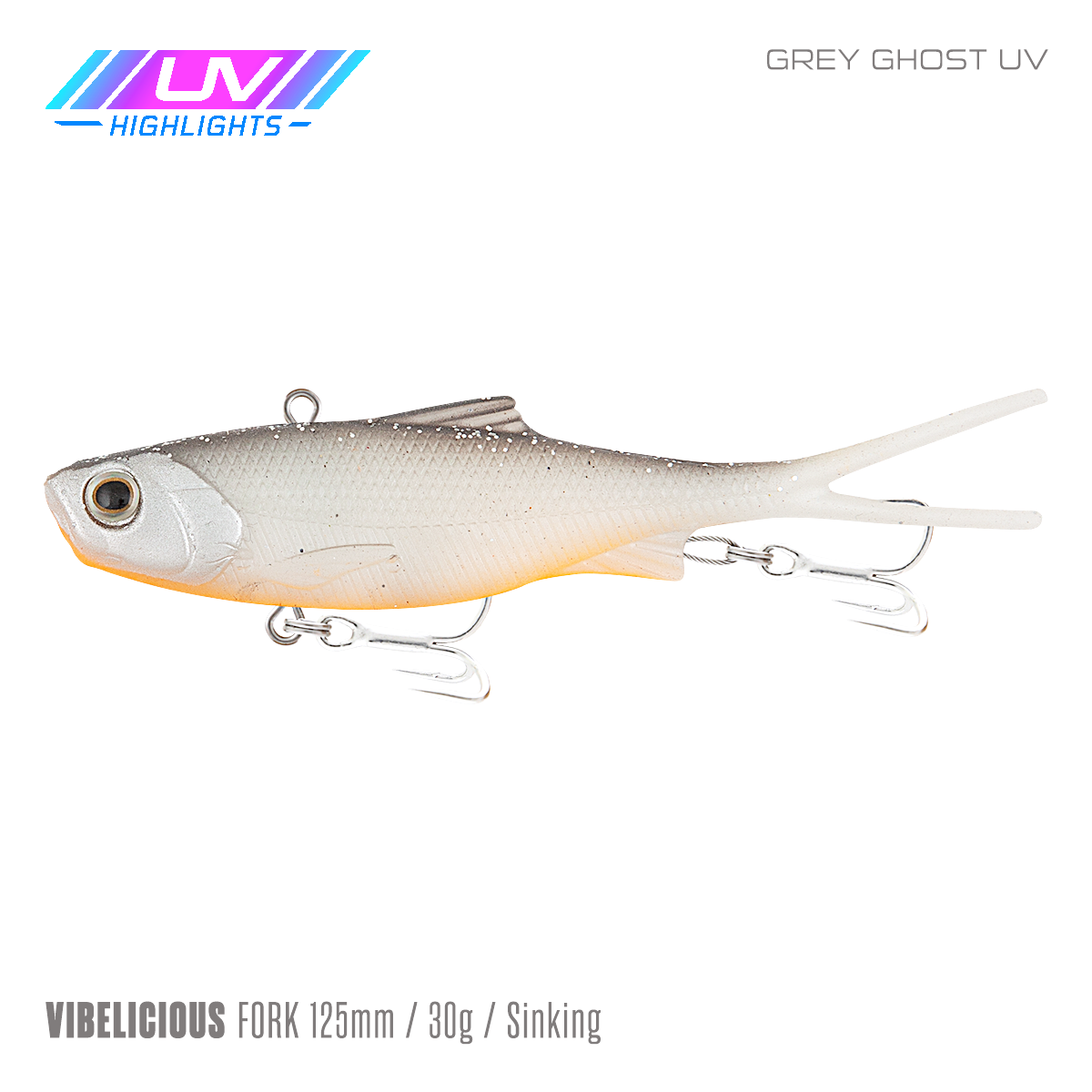 Samaki Vibelicious Fork Tail - 125mm/30g / Grey Ghost UV