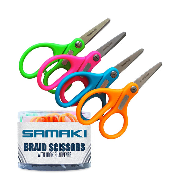 Samaki Braid Scissors - assorted neon colours; display shows colour range