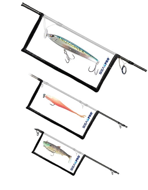 Sea Pro Lure Wrap size comparison - Extra Large at top, Large centre, Small below; rods and lures not included