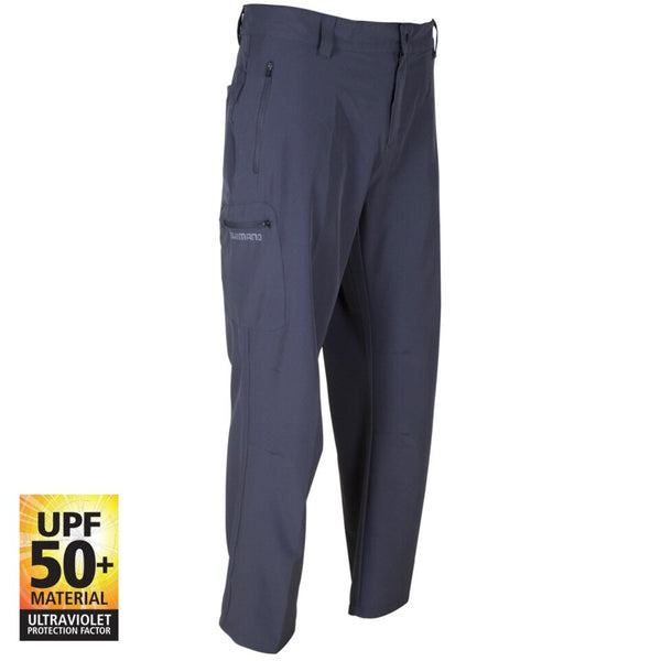 Shimano Outdoor Fishing Pants in Slate, standard non-zip-off design; shared manufacturer size illustration