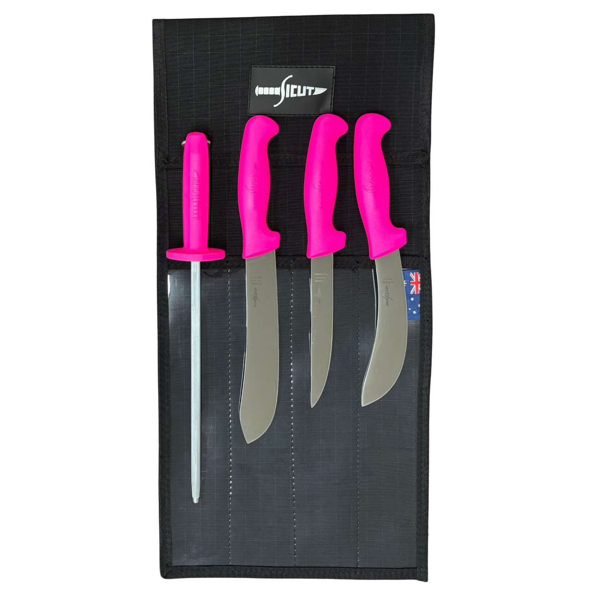Sicut pink butcher knife pack with three knives, sharpening steel and canvas wrap