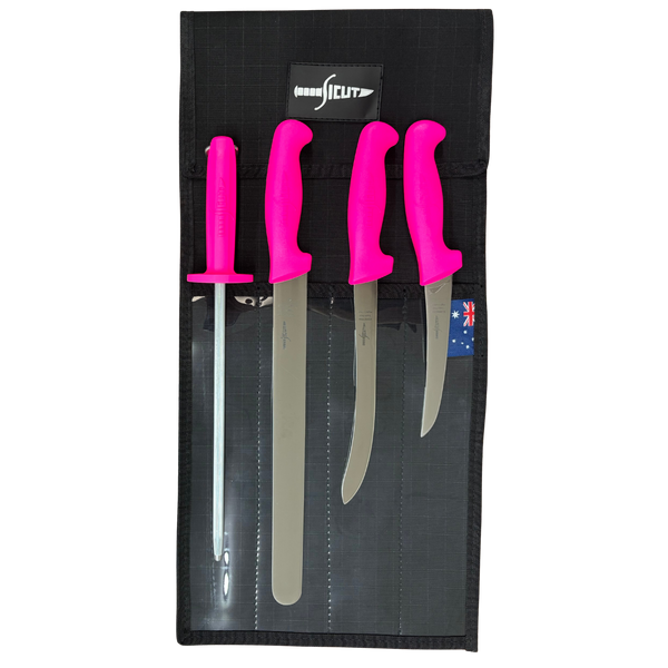 Sicut pink fisherman knife pack with slicing, fillet and boning knives, sharpening steel and canvas wrap
