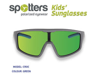 Spotters Croc kids sunglasses with matt grey frame and green mirror lenses