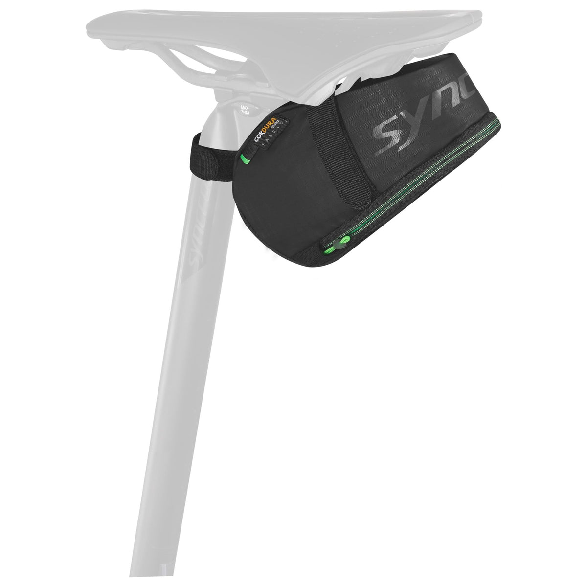 Syncros HiVol 600 black strap saddle bag, 0.6 litre; saddle and seatpost shown for illustration