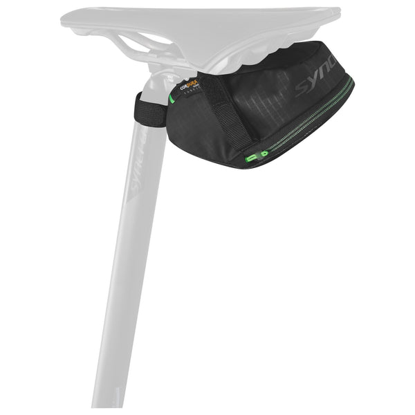 Syncros Speed 400 black strap saddle bag, 0.4 litre; saddle and seatpost shown for illustration