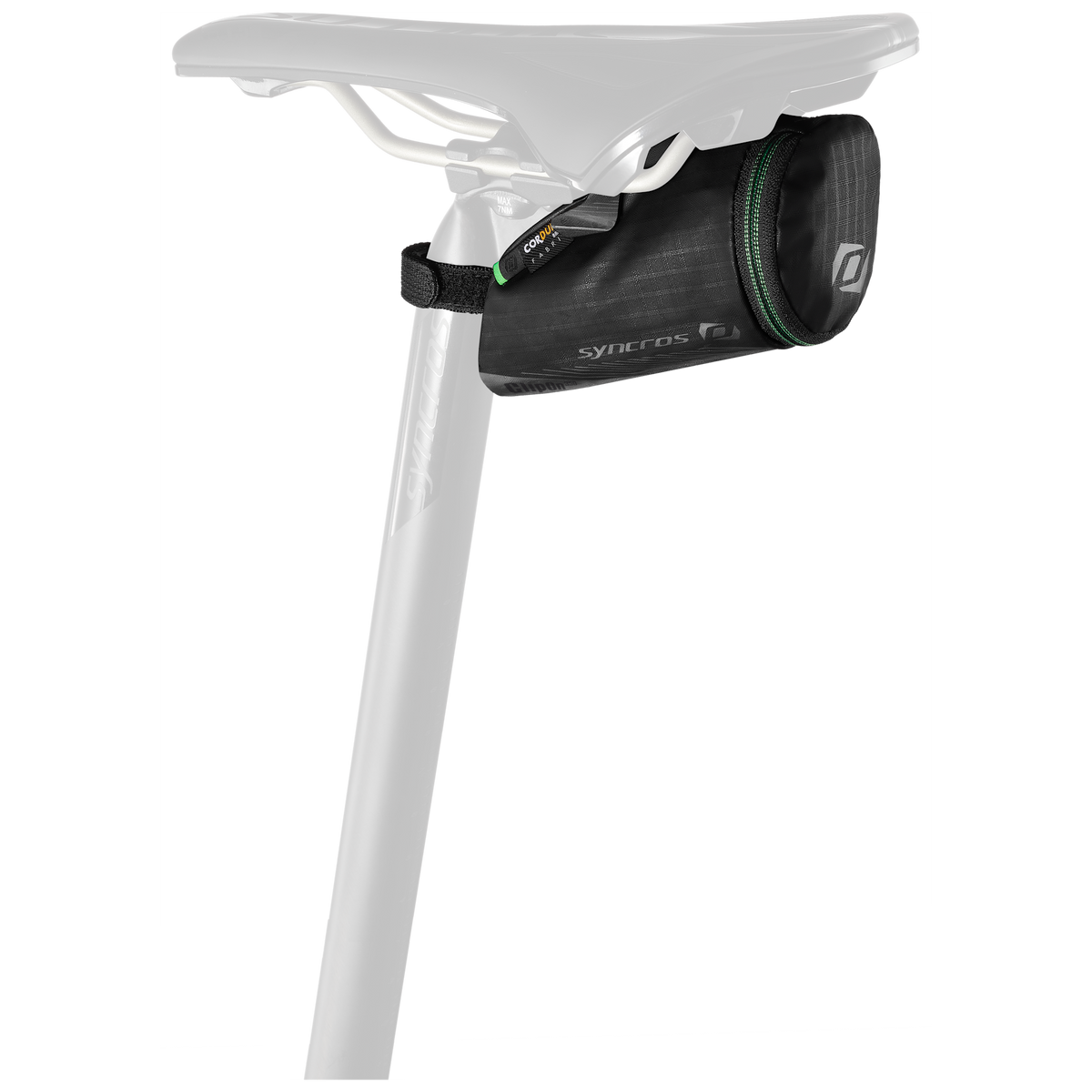 Black Syncros Clip-On 250 saddle bag mounted beneath a saddle; saddle and seatpost shown for illustration