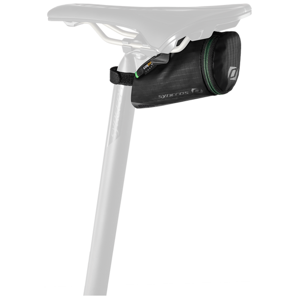 Black Syncros Clip-On 250 saddle bag mounted beneath a saddle; saddle and seatpost shown for illustration