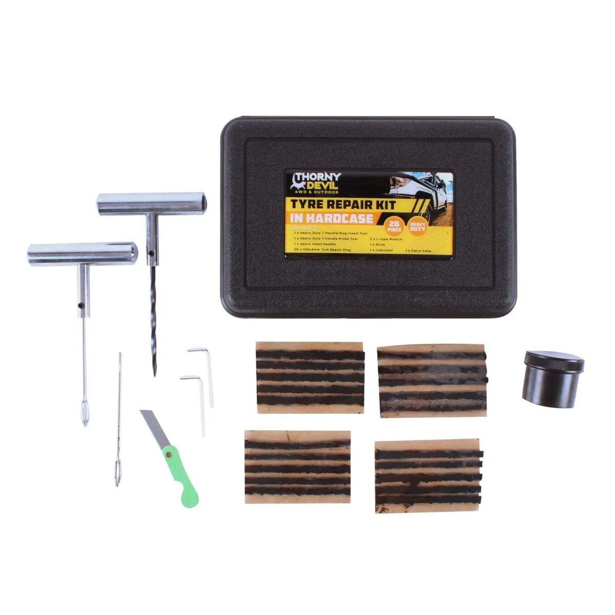 Thorny Devil TD2064 28-piece tyre repair kit with labelled hard case