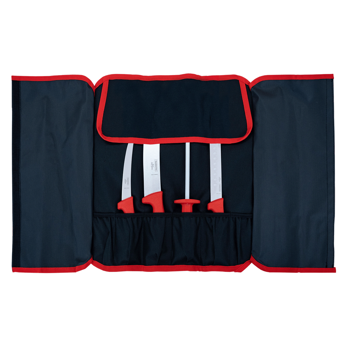 Tramontina Low & Slow 5-piece knife set: three red-handled knives, 10-inch sharpening steel and nylon pouch
