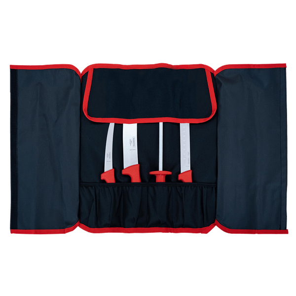 Tramontina Low & Slow 5-piece knife set: three red-handled knives, 10-inch sharpening steel and nylon pouch