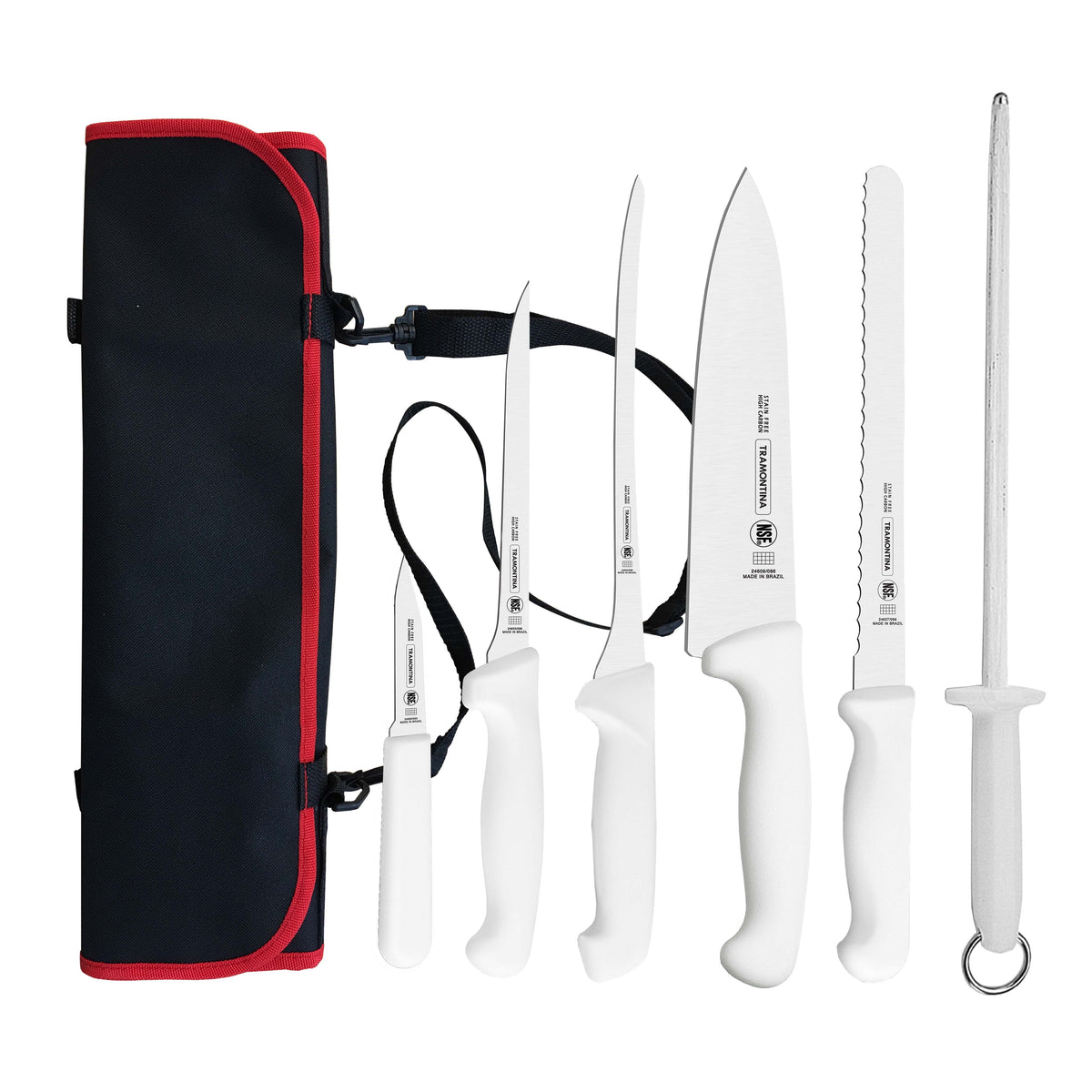 Tramontina Professional Master 7-Piece Chef’s Knife Set with Pouch – complete set with white handles and black nylon pouch