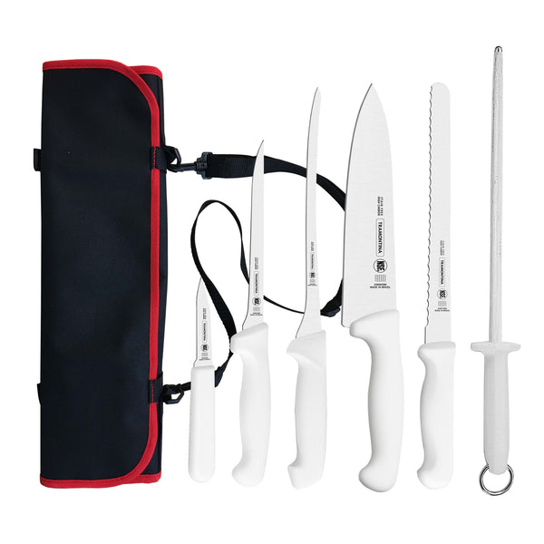 Tramontina Professional Master 7-Piece Chef’s Knife Set with Pouch – complete set with white handles and black nylon pouch
