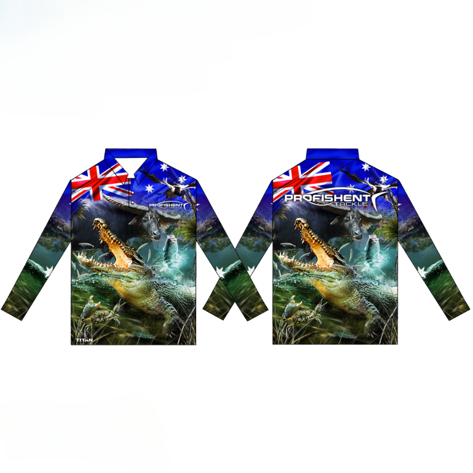 Profishent Oz Top End long sleeve fishing shirt – adult design, front and back