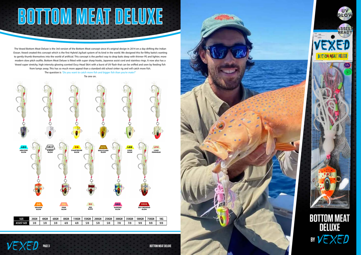 Vexed Bottom Meat Deluxe official range chart with labelled colours and full weight/assist table. Example package is 150 g; use the listing's selected weight.
