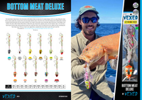 Vexed Bottom Meat Deluxe official range chart with labelled colours and full weight/assist table. Example package is 150 g; use the listing's selected weight.