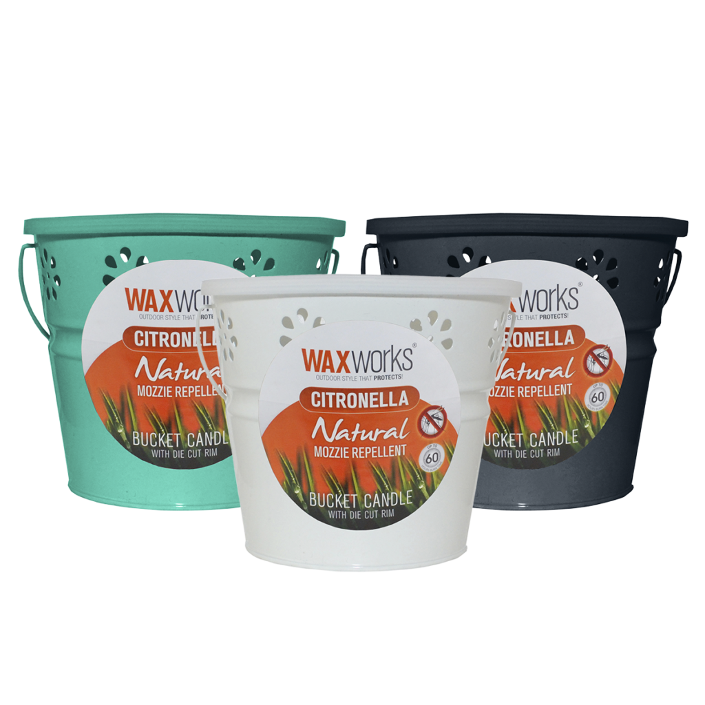 WaxWorks WW092 citronella bucket candle with diecut rim, assorted colours shown