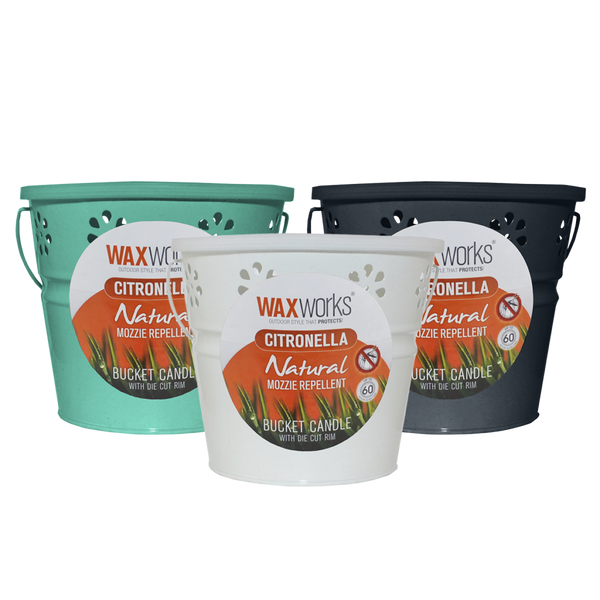 WaxWorks WW092 citronella bucket candle with diecut rim, assorted colours shown