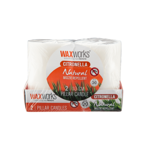 WaxWorks Citronella Pillar Candles – 10 cm, 2 Pack – complete product
