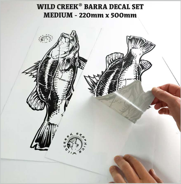 Wild Creek medium barramundi decal set, two decals, 220 mm x 500 mm, original supplier photo panel