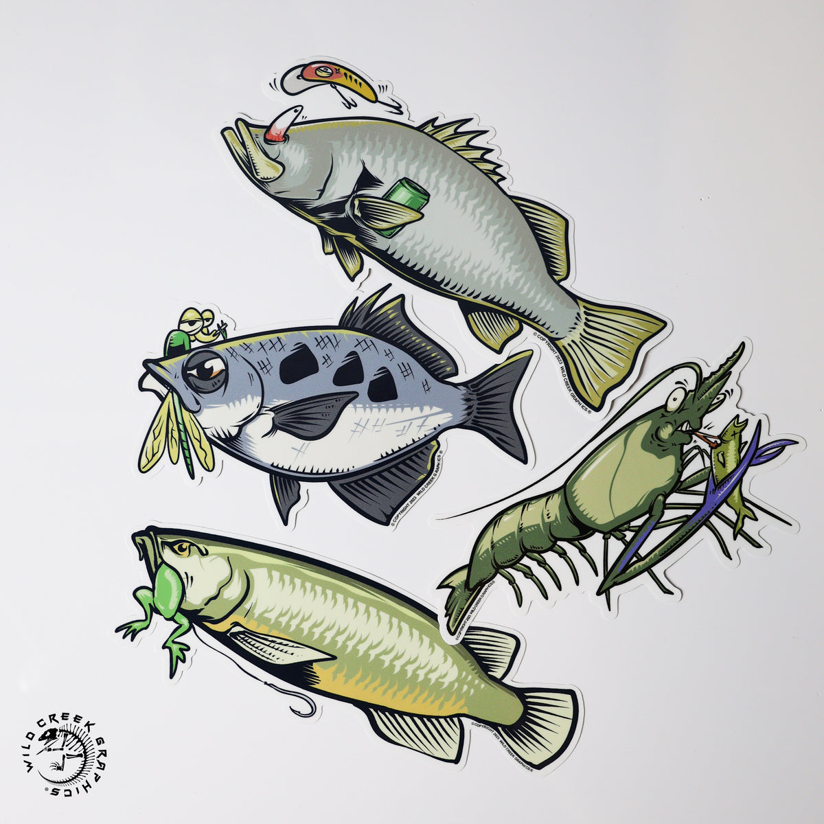 Wildcreek Comical Sticker Pack showing all four freshwater fishing designs