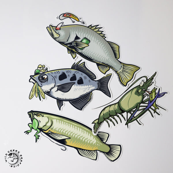 Wildcreek Comical Sticker Pack showing all four freshwater fishing designs
