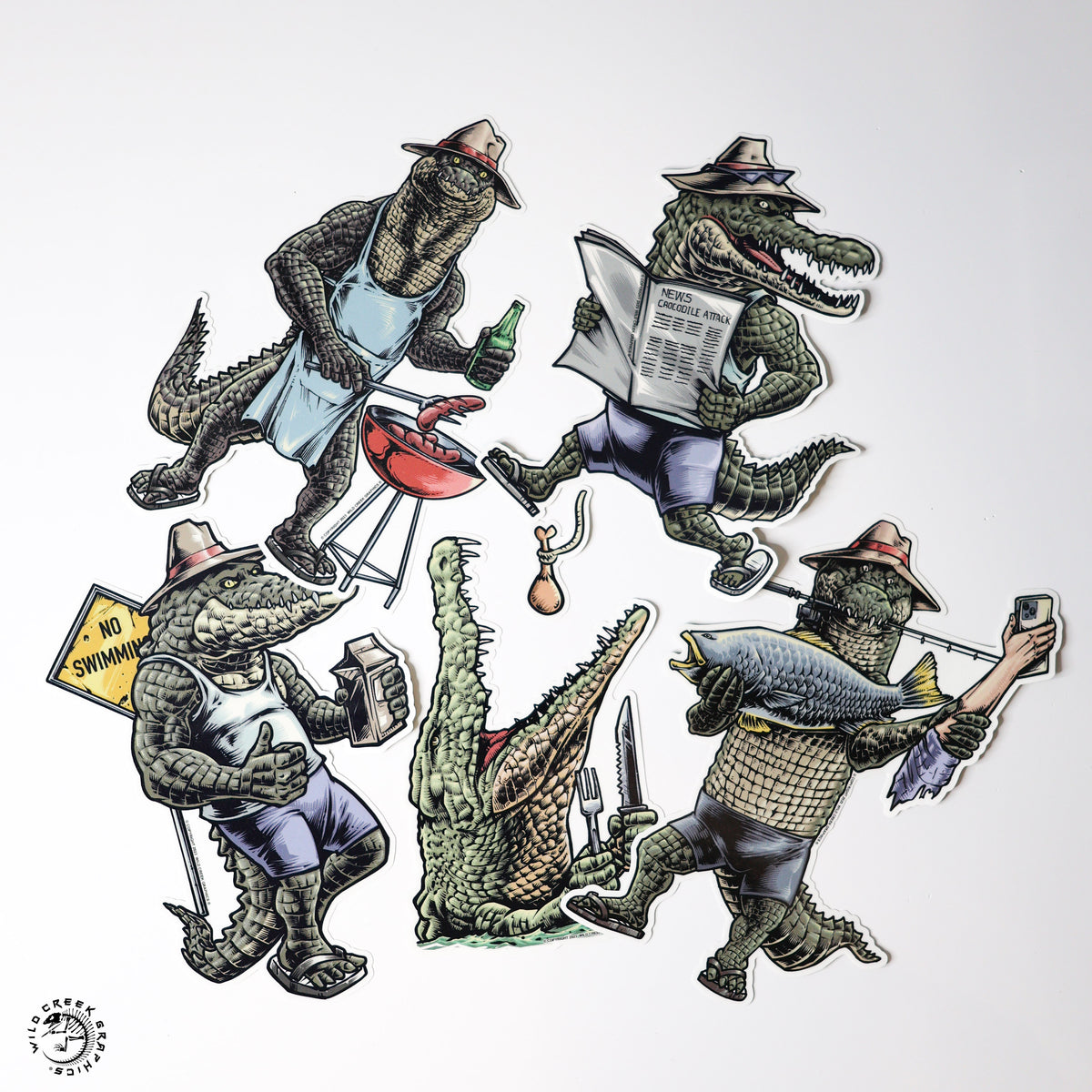 Wildcreek Salty Croc sticker pack showing the five comical crocodile designs