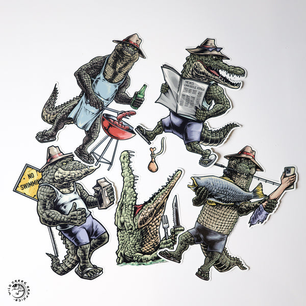 Wildcreek Salty Croc sticker pack showing the five comical crocodile designs