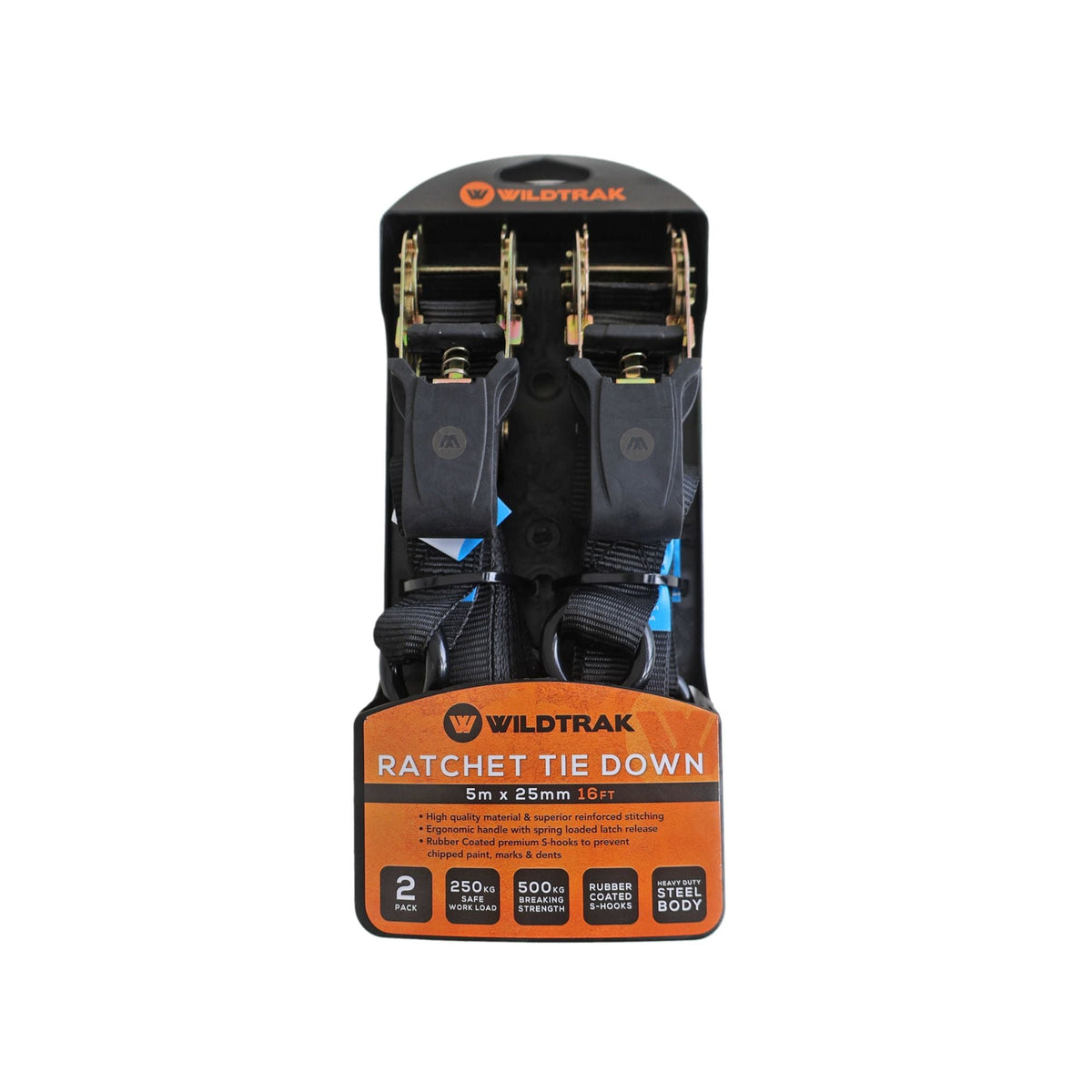 Wildtrak Ratchet Tie Down Straps 5m x 25mm - 2 Pack
