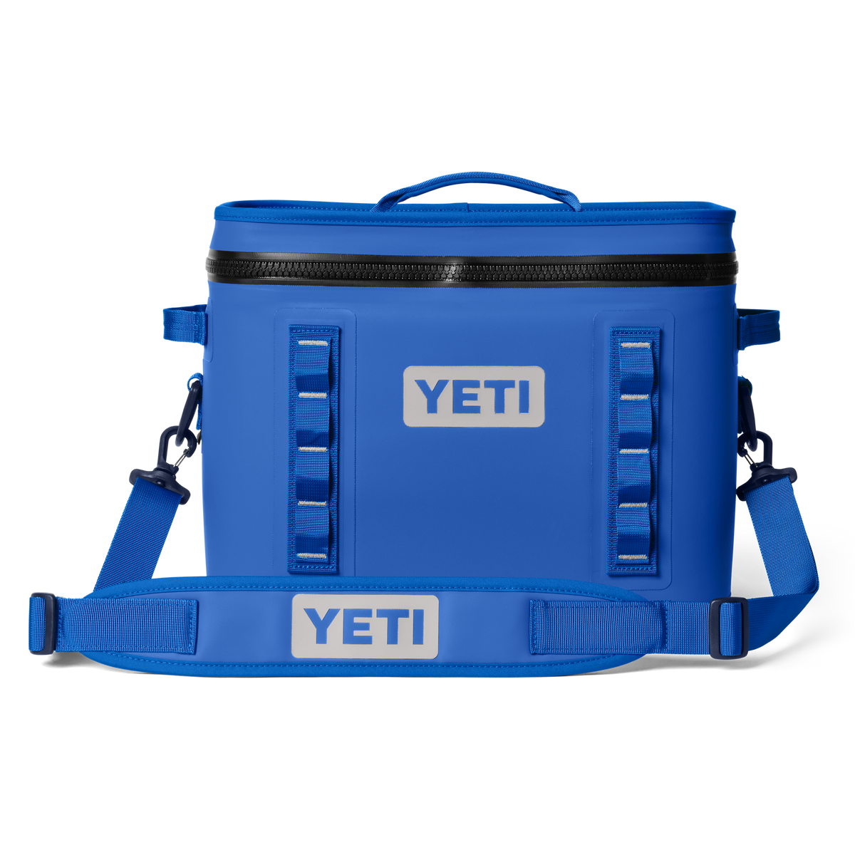 YETI Hopper Flip 18 soft cooler in Royal Blue, manufacturer front view with shoulder strap.