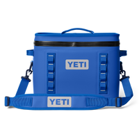 YETI Hopper Flip 18 soft cooler in Royal Blue, manufacturer front view with shoulder strap.