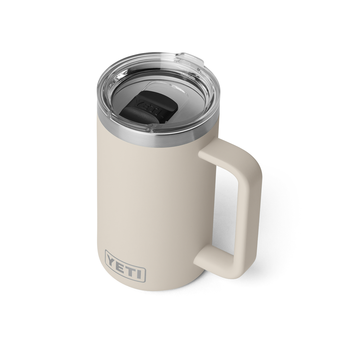 YETI Rambler 24oz ceramic lined mug in Cape Taupe, lid and handle detail