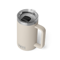YETI Rambler 24oz ceramic lined mug in Cape Taupe, lid and handle detail